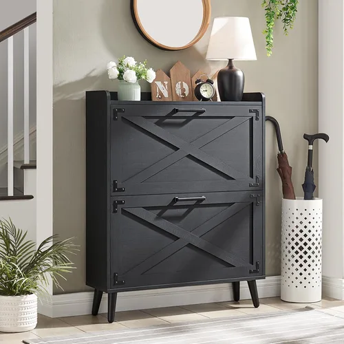 Vista 18 de Barnyatoh - Gabinete de almacenamiento de zapatos estilo granja, organizador de zapatos con 2 cajones abatibles y diseño de puerta de granero