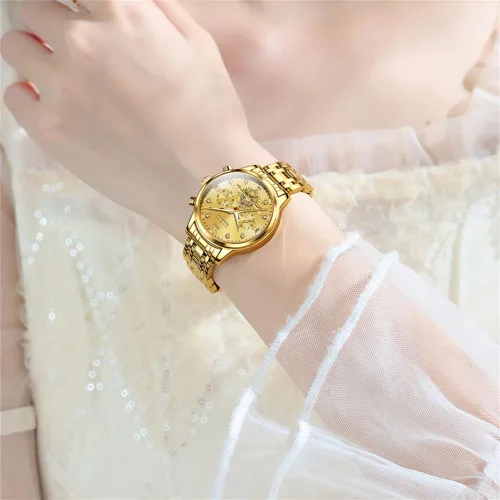 Vista 3 de OLEVS Reloj multifuncional de dos tonos para mujer, reloj analógico de cuarzo para mujer, de acero inoxidable, resistente al agua, con diamantes