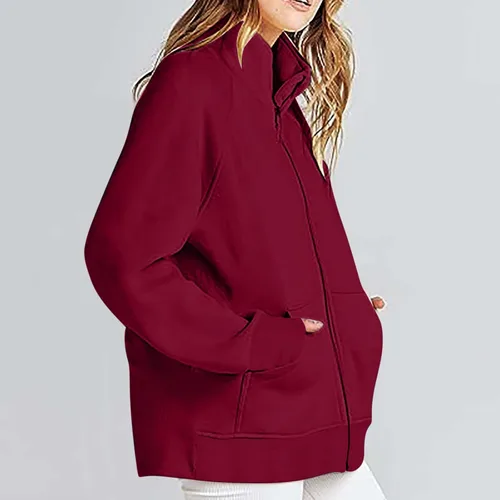 Vista 8 de Ceboyel Sudaderas con capucha y cremallera para mujer, a la moda, color sólido, sudadera holgada con cremallera, ropa de moda cómoda