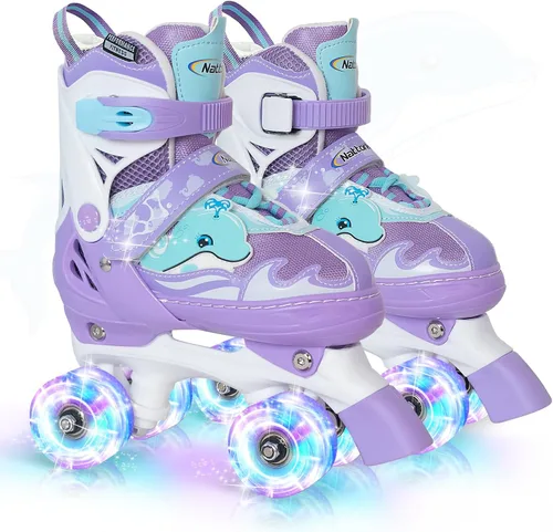 Vista 10 de Nattork Patines de ruedas para niños, patines ajustables con luz para niñas y niños, patines verdes, azules, morados y rosas para niños pequeños