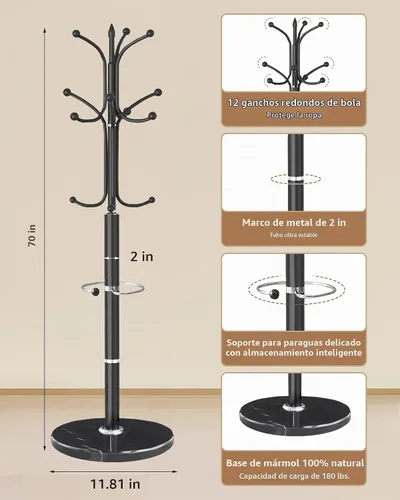 Vista 2 de EZIVIEZ Perchero Moderno de Pie, Perchero de Metal Independiente con Base de Mármol Natural, Percheros Resistentes con Portaparaguas, Perchero Negro