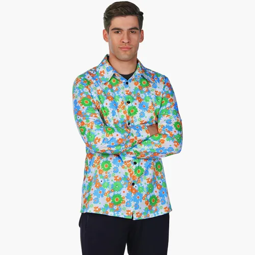 Vista 2 de DreamJ Disfraz de discoteca de los años 70 para hombre, trajes de camisa floral de los años 60, disfraces hippie de los años 70, conjunto
