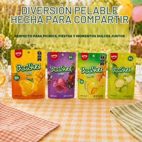 Vista 2 de AMOS Peelerz - Paquete variado de gomitas pelables, sabor mango, uva, manzana verde y piña, hecho con jugo de fruta real, 4 bolsas, 13.22 oz (375 g)