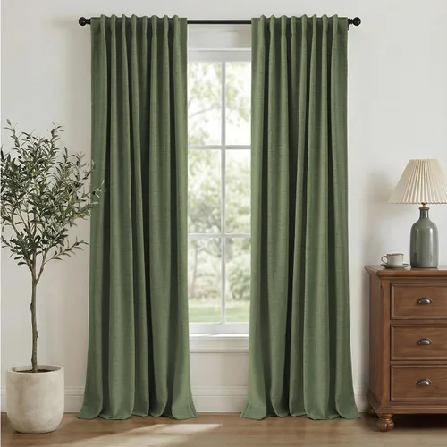Vista 28 de INOVADAY Cortinas 100% opacas de 63 pulgadas de largo, juego de 2 paneles de lino con pestaña trasera, bolsillo para barra, cortinas opacas