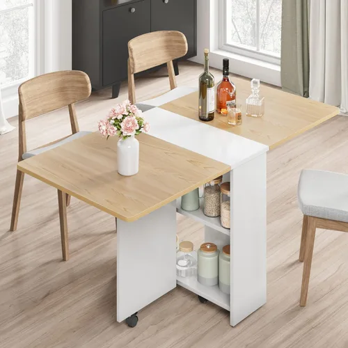 Vista 9 de IDEALHOUSE Mesa Plegable, Mesa de Comedor de Hoja Abatible con 6 Ruedas y Estante de Almacenamiento de 2 Niveles, Mesa de Ahorro de Espacio