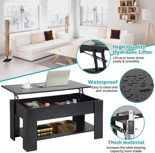 Vista 3 de Mesa auxiliar elevable, mesa de centro de madera ajustable de 39.4 pulgadas de altura con compartimento oculto y estante inferior de almacenamiento
