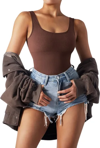 Vista 6 de MOSHENGQI Body sin mangas acanalado para mujer, sexy, sin mangas, cuello cuadrado