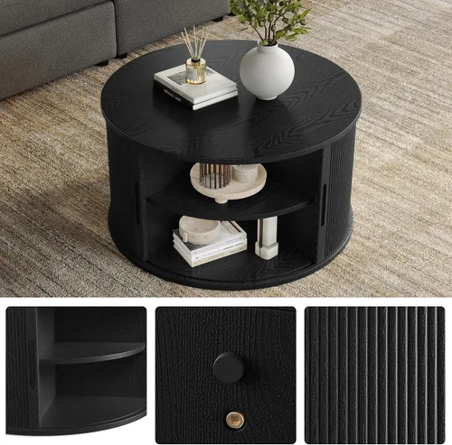 Vista 6 de LINSY HOME - Mesa de centro redonda, mesa de centro de 31.5" con puerta de tambor deslizante, mesa auxiliar acampanada con almacenamiento, mesa