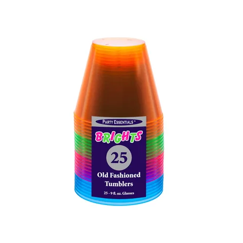 Vista 6 de Vasos de plástico para fiestas de Party Essentials, 9 onzas de capacidad, con brillo, Variado neón, 500