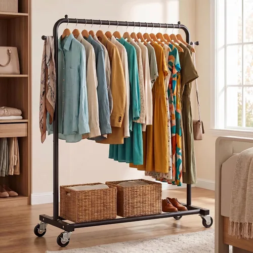 Vista 6 de Sywhitta - Perchero de ropa con ruedas y estante de almacenamiento y marco de metal resistente, perchero de ropa minorista para colgar ropa