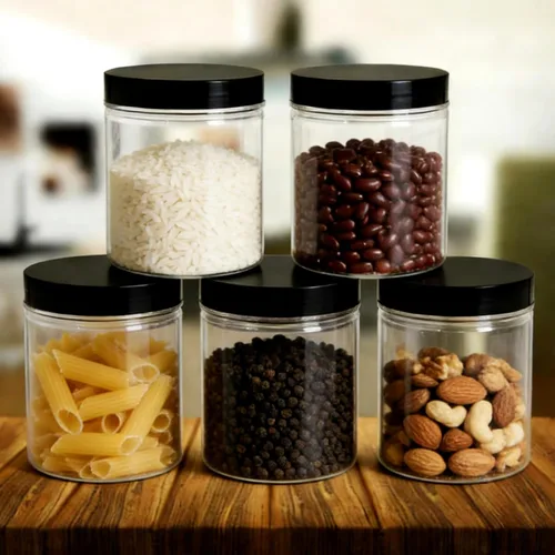Vista 4 de Paquete de 12 tarros de plástico de 8 onzas con tapas, recipientes de almacenamiento transparentes de boca ancha con tapas negras, tarros