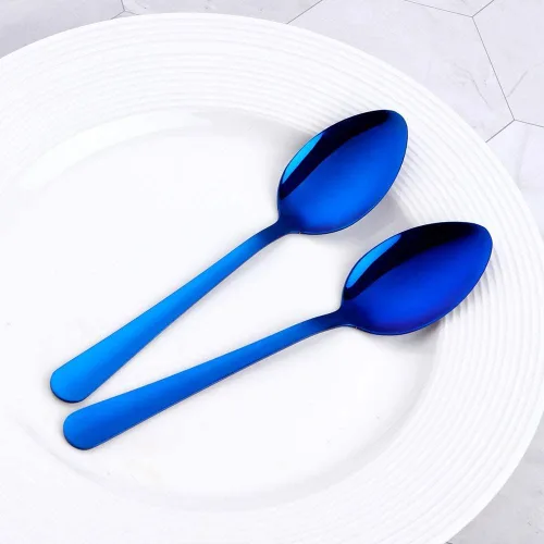 Vista 6 de MINGYU Juego de 12 cucharas de acero inoxidable – Cucharas de sopa de mesa azul, cuchara de titanio de 7 pulgadas para comer, cucharada apta