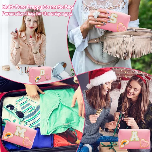 Vista 5 de Bolsa de Maquillaje Preppy, Estuche de Lápices de Cuero PU Premium Impermeable Bolsa de Cosméticos con Sonrisa Corazón Arcoíris Bonita Bolsa