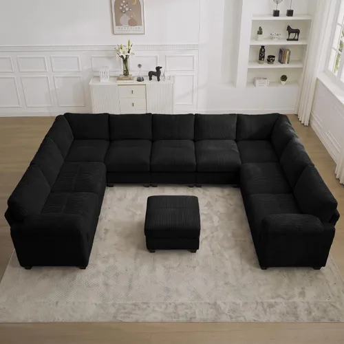 Vista 11 de Sofá modular de 61 pulgadas con otomana, asiento extra profundo para sala de estar, sofá de asiento profundo de pana con almohadas para Beige