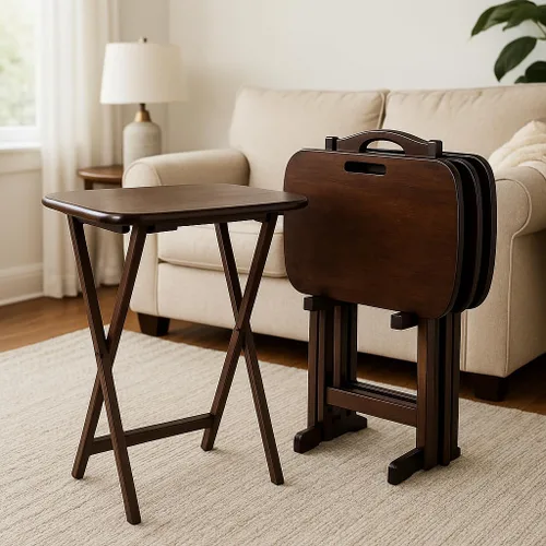 Vista 2 de Ergode Juego de mesa de madera de 5 piezas, elegantes mesas plegables, base duradera con marco en X, práctico soporte vertical, fácil montaje Marrón