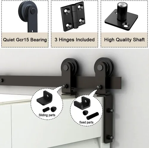 Vista 6 de Kit de herrajes para puerta de granero plegable de 42 pulgadas, kit de riel de rodillos resistente para 2 puertas montadas en el lateral, suave