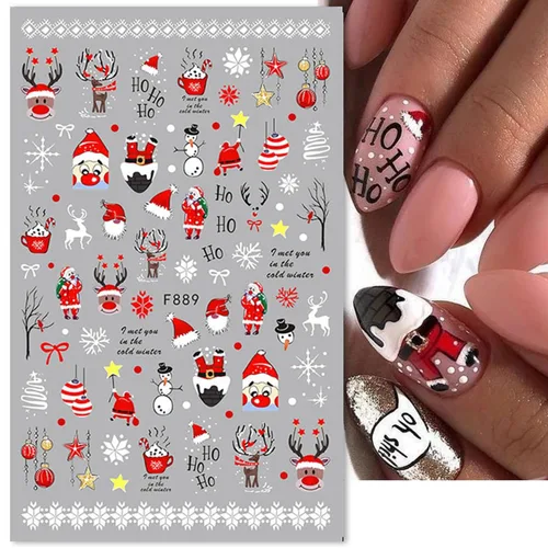 Vista 5 de 8 hojas de calcomanías de uñas de Navidad 3D, calcomanías de uñas de Navidad de invierno, dibujos animados, alce, copo de nieve, Papá Noel, muñeco