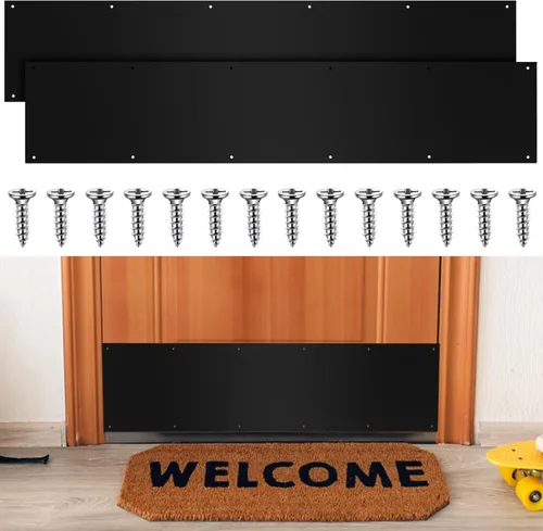 Vista 8 de Dunzy Placa protectora inferior de puerta con tornillos negros de grosor de aluminio satinado, placa de empuje de puerta de metal pulido