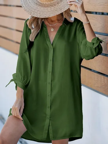 Vista 3 de CUPSHE Vestido corto de playa para mujer, manga 34, con botones, vestido midi de verano