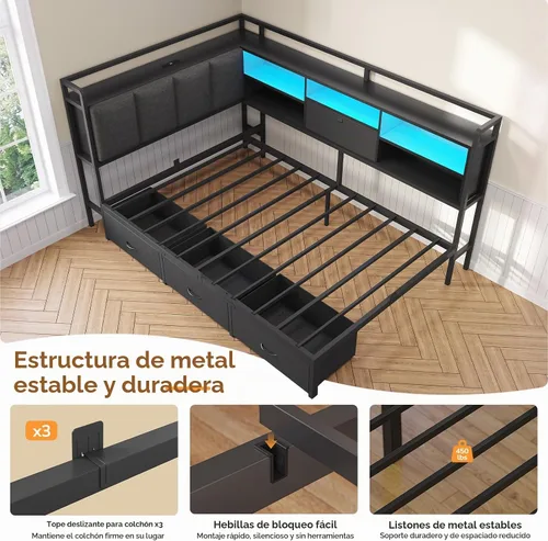 Vista 9 de Marco de cama de esquina doble con 4 cajones, estantería y cabecero de Negro
