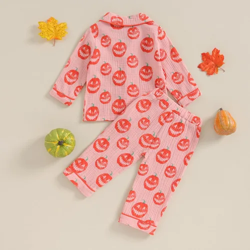 Vista 7 de Pijama de Halloween para bebé niña con diseño de calabaza, satén, con botones, camisa de manga larga, pantalones, conjunto de pijama de Halloween