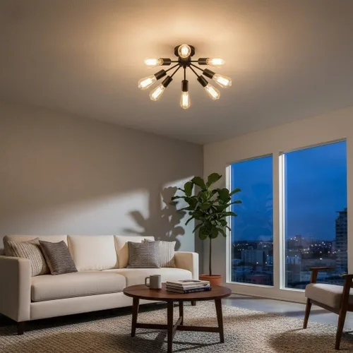 Vista 6 de Lámpara Sputnik de techo de 8 luces, moderna lámpara industrial negra semiempotrada para cocina, comedor, dormitorio, sala de estar, base E26