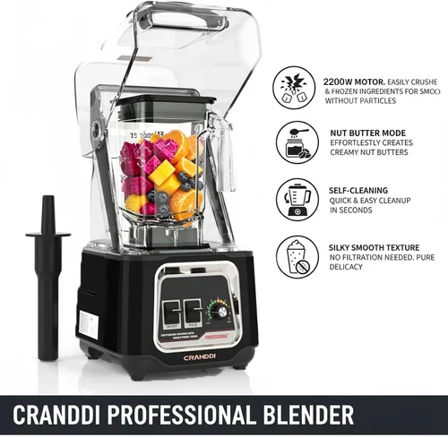 Vista 7 de CRANDDI Licuadora comercial, licuadoras de encimera de 2200 W con escudo extraíble, licuadora silenciosa para batidos y trituración de hielo, Negro
