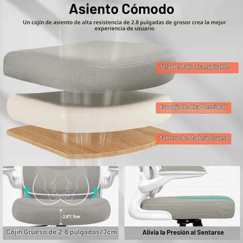 Vista 4 de BESTFAIR Silla de oficina ergonómica de malla, silla de escritorio de malla transpirable, soporte lumbar ajustable, reposabrazos abatibles, silla