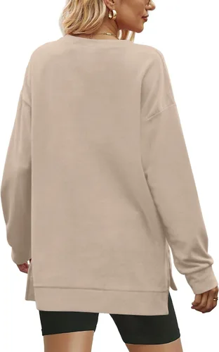 Vista 3 de Sudaderas básicas para mujer, otoño, invierno, casual, lisasgráficas, de gran tamaño, cuello redondo, sin botones, abertura lateral, manga larga