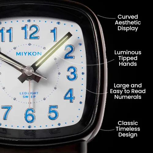 Vista 3 de Miykon Reloj despertador analógico cuadrado pequeño – Silencioso sin tictac, funciona con pilas con luz LED y repetición – Escritorio, mesa, viaje