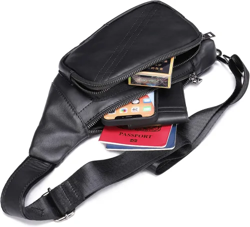 Vista 4 de Bolso bandolera para hombres y mujeres pequeño de cuero auténtico mochila cruzada de un hombro mochila cruzada para senderismo Negro