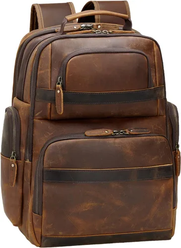 Vista 8 de TIDING Mochila de cuero vintage para hombre de 15.6 pulgadas, bolsa para laptop de gran capacidad, viajes de negocios, senderismo, mochilas de hombro