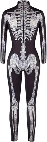 Vista 4 de Fixmatti - Disfraz de fiesta de Halloween para mujer, traje de manga larga con estampado de calavera