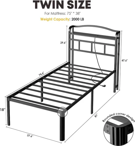 Vista 2 de YORMDMO Base de cama individual – Base de cama de metal resistente con estación de carga de cabecero de almacenamiento, fácil montaje, no necesita