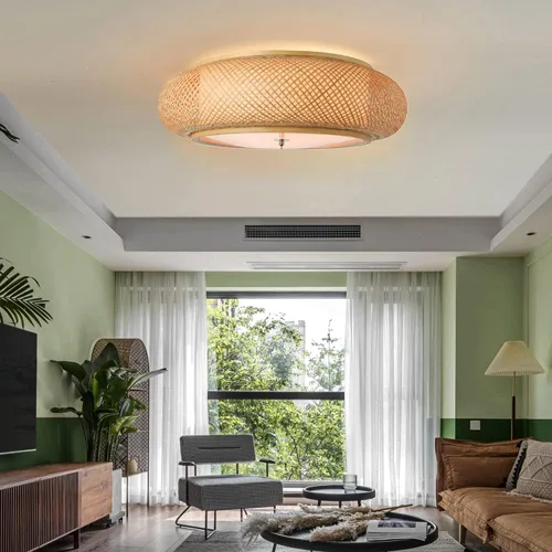Vista 3 de Iluminación hecha a mano con montaje empotrado de bambú creativo, lámpara de techo de ratán, 2 luces, luz colgante vintage para sala de estar 40 cm.