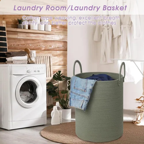 Vista 3 de Cesta de Lavandería Grande, Cesta de Ropa Sucia, Cesta de Almacenamiento de Cuerda de Algodón de 15''x18'' con Asas, cesta para bebé, Almacenamiento