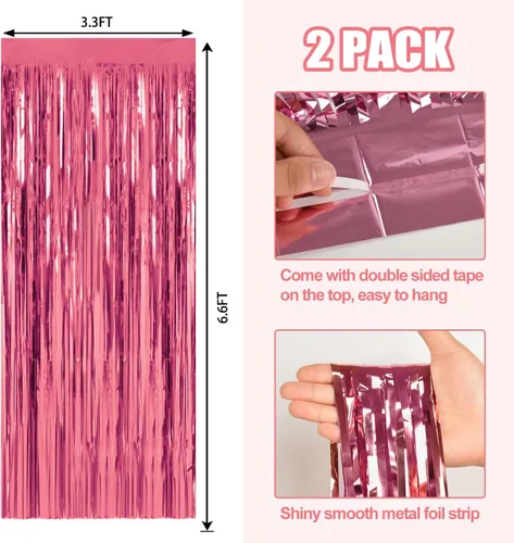 Vista 2 de Paquete de 2 cortinas de flecos de papel de oropel metálico rosa para fiestas, telón de fondo de fotos, serpentinas para cumpleaños, graduación, Año