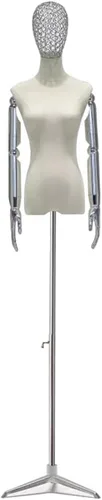 Vista 13 de Maniquí de forma de vestido femenino ajustable con soporte de trípode, brazos y cabeza desmontables para costura, ropa y exhibición de joyas, dorado