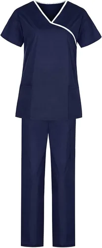 Vista 3 de Conjunto de uniforme médico para mujer, elástico en 4 direcciones, bolsillos ligeros, cuello en V, conjunto de uniforme médico con cordón elástico