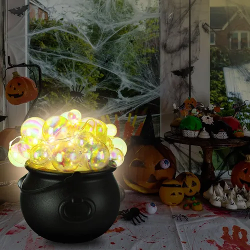 Vista 5 de Jenaai Juego de 96 calderos burbujeantes de Halloween con 40 adornos de bola, 2 tiras de luces de 0.71 oz, 2 arañas falsas, 50 puntos adhesivos