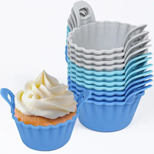 Vista 13 de Koluti Paquete de 12 tazas de silicona antiadherentes para magdalenas, moldes reutilizables para cupcakes con doble asa, libres de BPA, mini