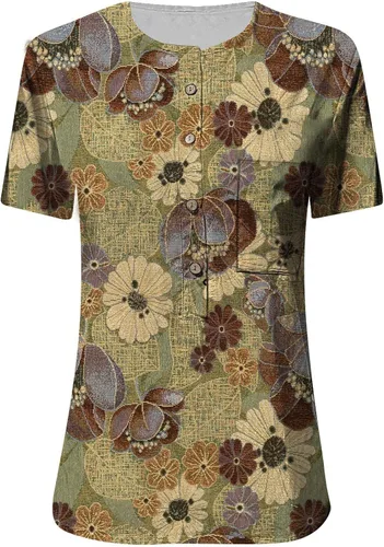 Vista 3 de Camisas de verano con botones para mujer, casual, de moda, de algodón, lino, impresas, holgada, de manga corta