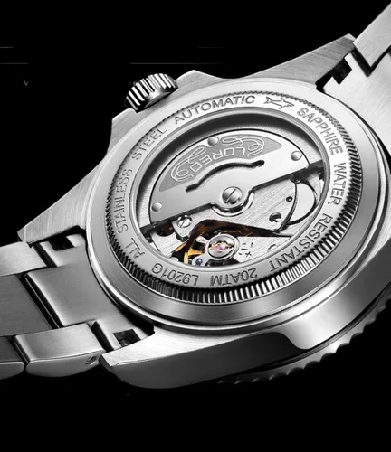 Vista 2 de LOREO Reloj automático para hombre de acero inoxidable plateado con bisel giratorio negro