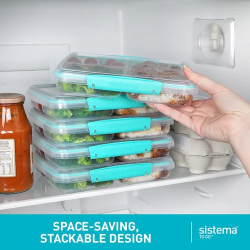 Vista 4 de Sistema Recipientes de almacenamiento de alimentos de 5 piezas con 3 compartimentos y tapas para preparación de comidas, aptos para lavavajillas