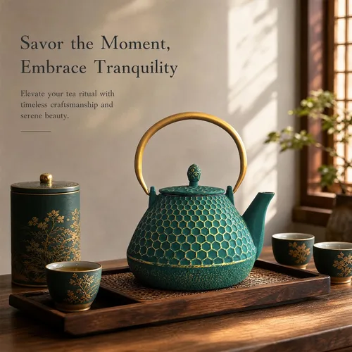 Vista 6 de YJX 54oz Cast Iron Tea Kettle for Stovetop, Green Teapot Japanese Tetsubin, Enameled Interior, Heavy and Durable, Large Tea Pot With Infuser for