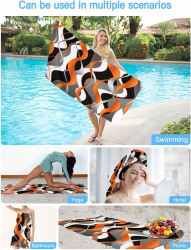 Vista 7 de Abstract Orange Black Gray White Line Beach Towel Oversized Pool Towels 31x63in,Quick Dry Absorbent Large Beach Blanket Soft Sand Free Bath Towel