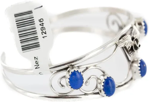 Vista 4 de $250Tag Certificado Navajo Natural Lapislázuli Pulsera Nativa Americana 12946-1 Hecho por Loma Siiva, Metal Piedra, Lapislázuli