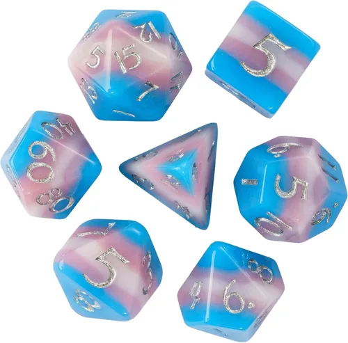 Vista 31 de Juego de dados de resina para DND, juego de 7 dados poliédricos negros D&D rellenos con papel de colores brillantes para juegos de rol