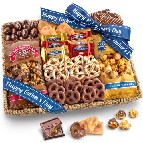 Vista 8 de A Gift Inside Gran Cesta de Regalo de Cumpleaños de Chocolate Caramelo y Crujiente con Aperitivos, Pretzels, Ghirardelli y Nueces Cubiertas
