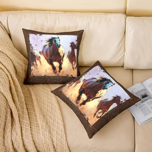 Vista 2 de Juego de 2 fundas de almohada de caballo de 24 x 24 pulgadas, fundas de almohada decorativas de caballo de granja occidental, fundas de almohada